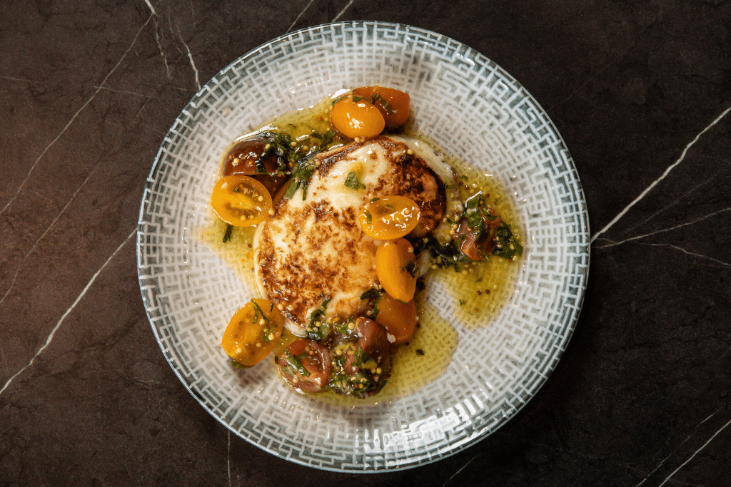 Pan-fried smoked mozzarella, tomato and basil: Moonee Ponds Restaurant, A La Carte Dining at The Sebel Melbourne Moonee Ponds | Saros Bar + Dining