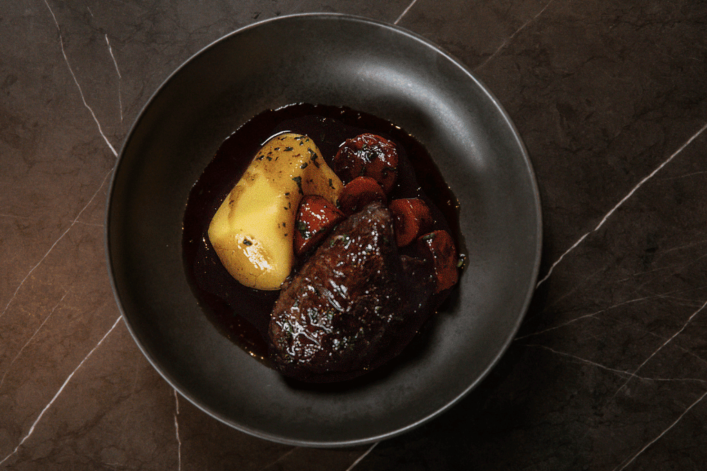56hr madeira braised beef cheek, braised shallots, roast carrots: Moonee Ponds Restaurant, A La Carte Dining at The Sebel Melbourne Moonee Ponds | Saros Bar + Dining