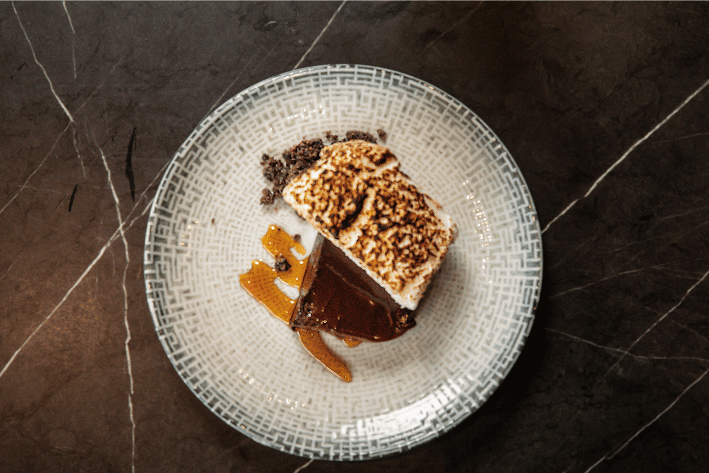 Dark chocolate terrine, toasted coconut marshmallow, salted caramel: Moonee Ponds Restaurant, A La Carte Dining at The Sebel Melbourne Moonee Ponds | Saros Bar + Dining