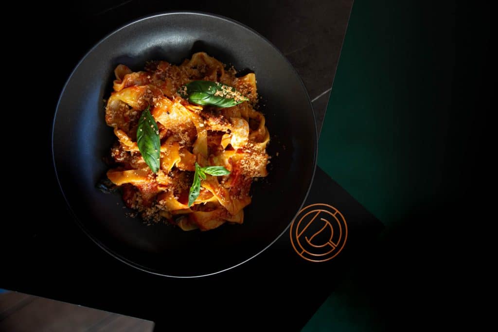 Hand Cut Pappardelle (VEG*) 35 Spicy Pork And Fennel Ragout, Buffalo Mozzarella, Chorizo Crumb | Moonee Ponds Restaurant and Bar, A La Carte Dining at The Sebel Melbourne Moonee Ponds | Saros Bar + Dining